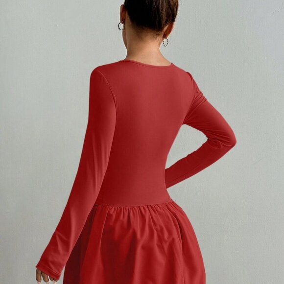 Red Casual Women's Round Neck Long Sleeve Mini Dress - Picture 3 of 7